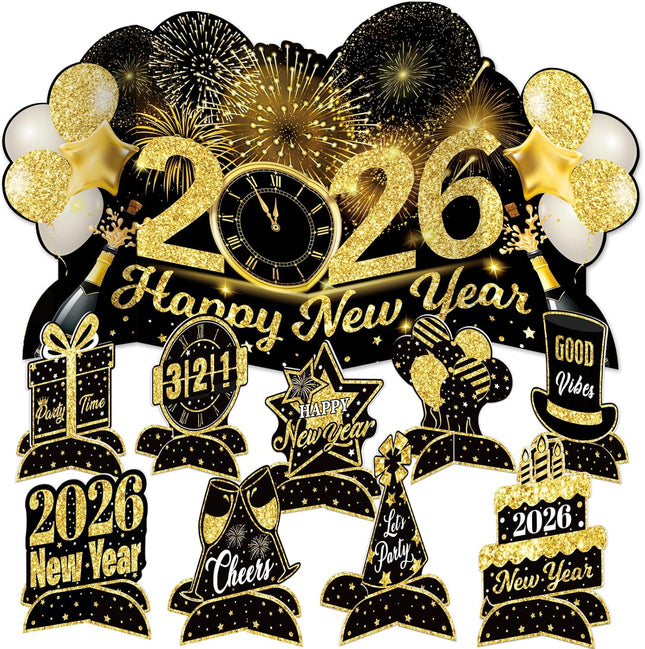 Happy New Year 2026 Table Decor – Black & Gold Honeycomb Centerpieces