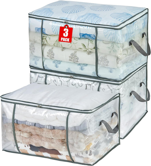 3 Pack 80L Clear Storage Bags Clothes Blanket Organizer with Zippers