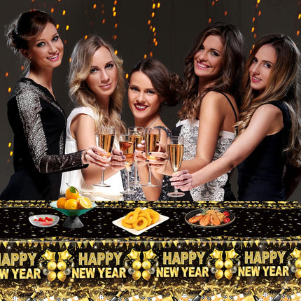 Happy New Year 2026 Table Cover – 3-Piece Black & Gold Party Tablecloths