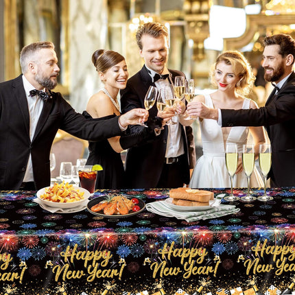 Happy New Year 2026 Table Covers – 2-Pc Black & Gold Waterproof Tablecloths