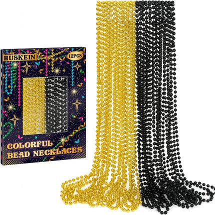 12 PCS Mardi Gras Beads Black & Gold 33" Beaded Necklaces Party Favors
