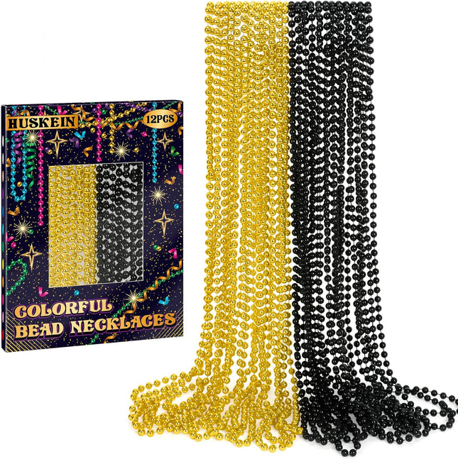 12 PCS Mardi Gras Beads Black & Gold 33" Beaded Necklaces Party Favors