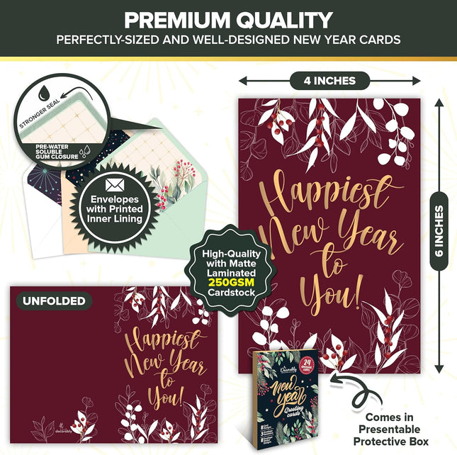 24-Piece 6×4in Happy New Year Cards – Gold Foil, Stickers & Printed Message
