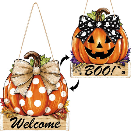 Reversible Fall Halloween Door Decor, Rustic Wooden Pumpkin Thanksgiving Hanging Sign