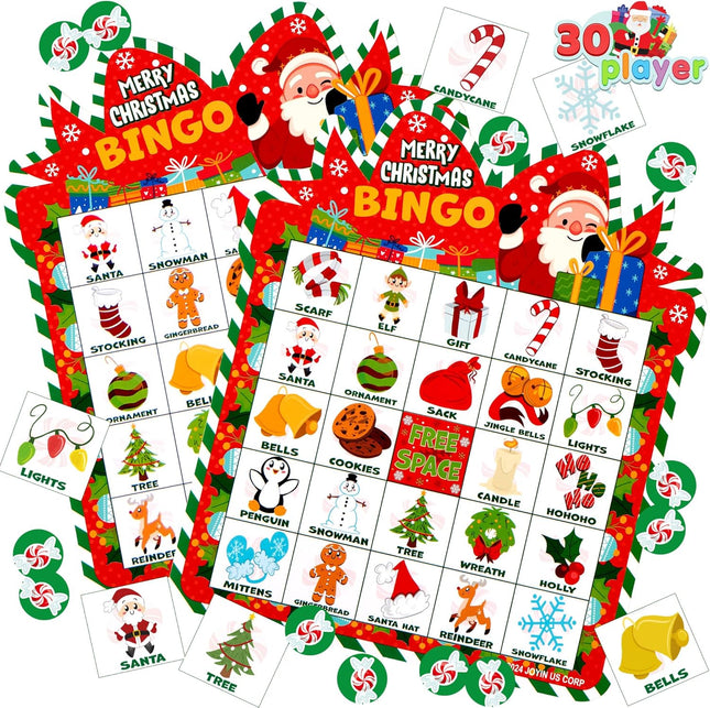 30 Players Christmas Bingo Cards – Holiday Party Game for Kids & Family