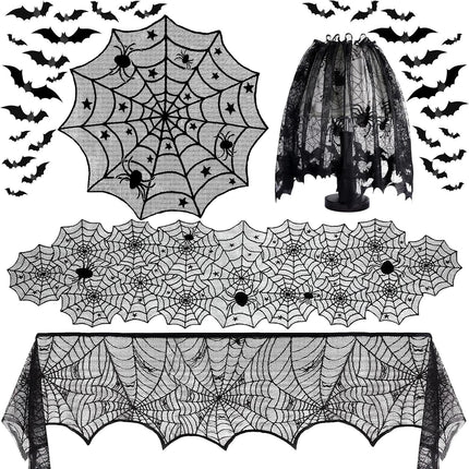 5-Piece Halloween Lace Decor Set, Spiderweb Table Runner, Mantel Scarf & 3D Bats