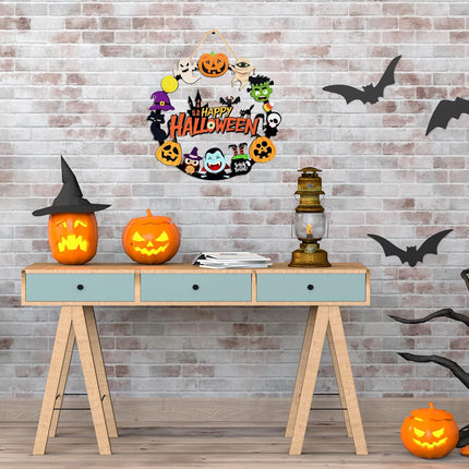 Halloween Wooden Pumpkin Ghost Door Wreath, Happy Halloween Hanging Sign Front Door