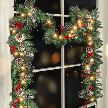 9FT Lighted Christmas Garland – Battery Operated with Pine Cones & Berries