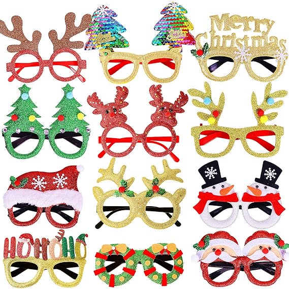 12PCS Glitter Christmas Party Glasses Frames Holiday Costume Accessories