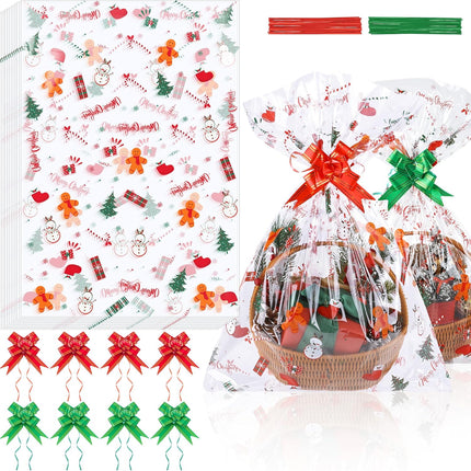12 PCS Large Christmas Basket Bags – Clear Cellophane with Red & Green Ties