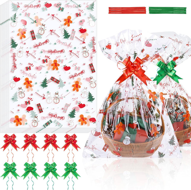 12 PCS Large Christmas Basket Bags – Clear Cellophane with Red & Green Ties