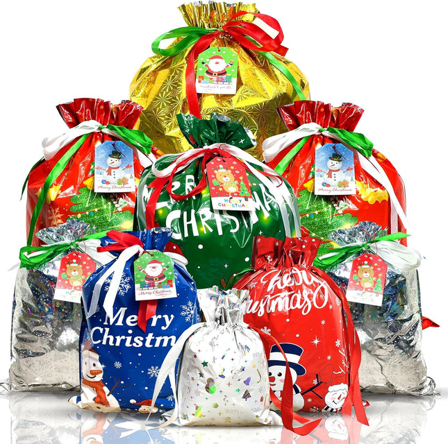 38PC Christmas Drawstring Gift Bags with Tags Assorted Sizes for Holiday Wrapping