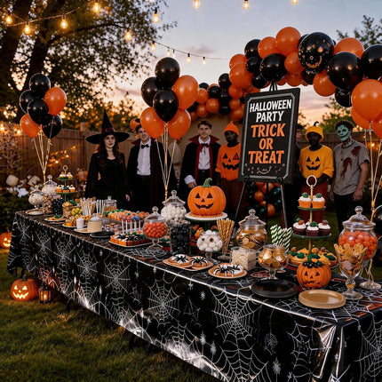4-Pack 54x108in Black Spider Web Halloween Tablecloths, Disposable Table Covers