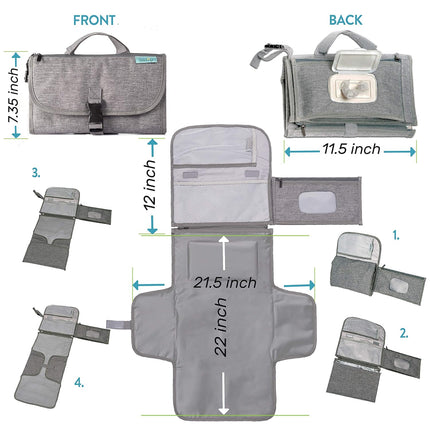 Portable Diaper Changing Pad, Travel Mat with Wipes Pocket, Grey, for Babies