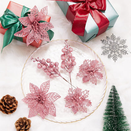 22-Piece Christmas Flower Kit – Artificial Poinsettias & Glitter Berries with Tree Ornaments
