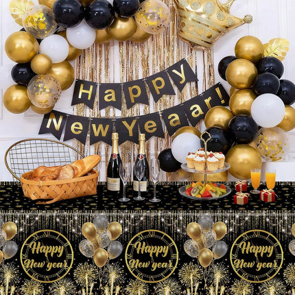 New Year 2026 Tablecloth – Black & Gold Disposable Table Cover 108×54