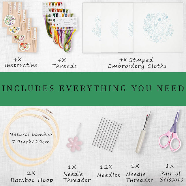 4 Sets Embroidery Kit Beginners, Floral Needlepoint Crafts with Bamboo Hoops and Threads