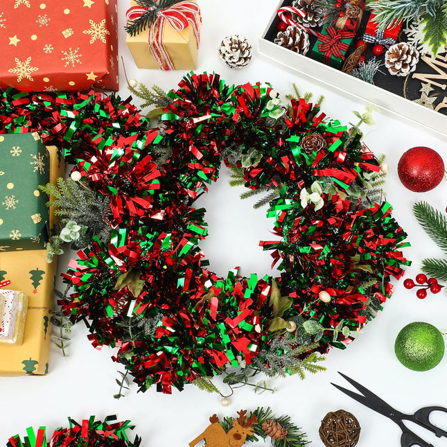 Red & Green 50 Ft Christmas Tinsel Garland, Metallic Twist for Tree & Holiday Decor