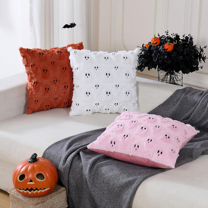 2-Pack Pink Halloween Ghost Pillow Covers 18x18in, Soft Plush Faux Fur Decor