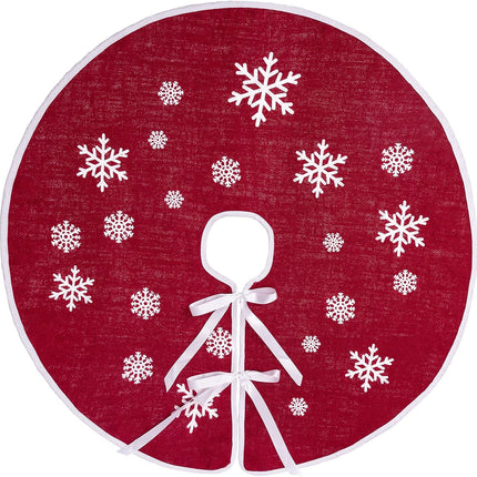 30" Red Burlap Christmas Tree Skirt – Rustic Snowflake Print Holiday Decor