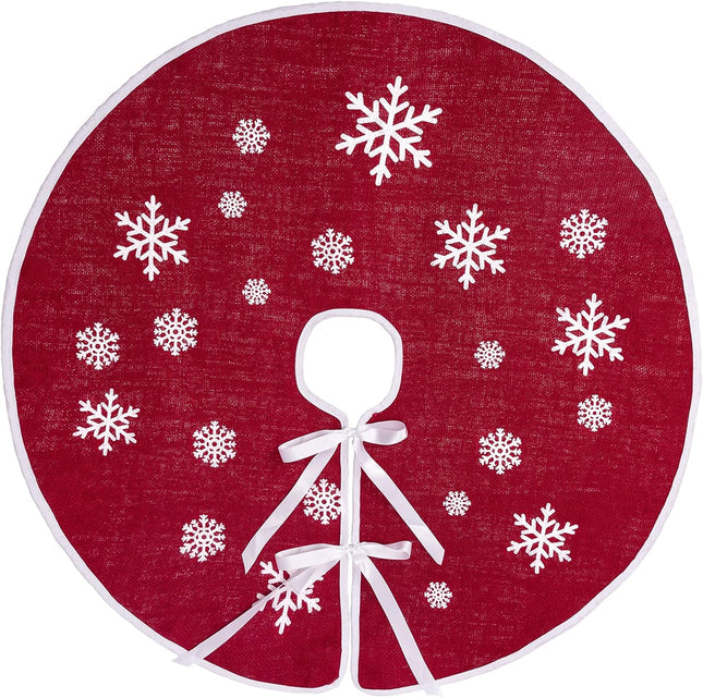 30" Red Burlap Christmas Tree Skirt – Rustic Snowflake Print Holiday Decor