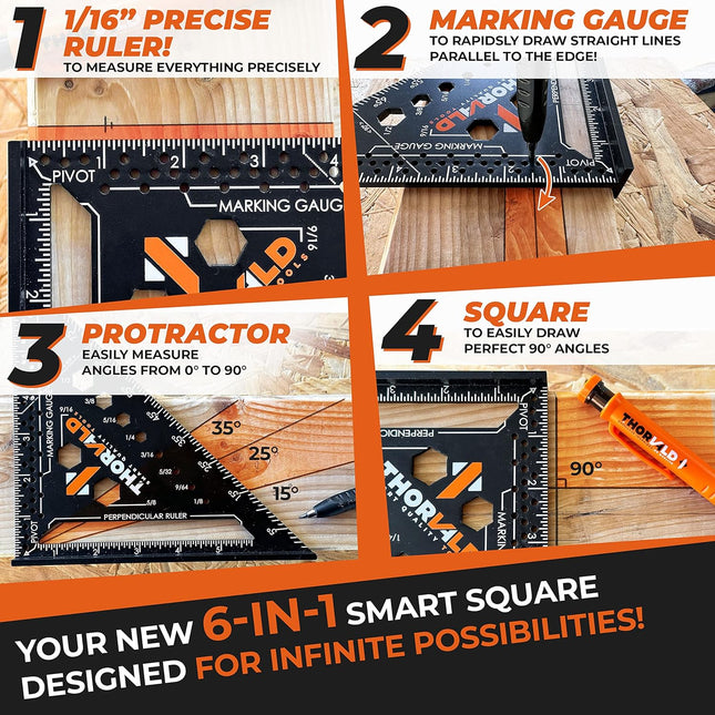 6-in-1 Carpenter Square – T-Square, Ruler, Protractor & Multi-Tool Kit