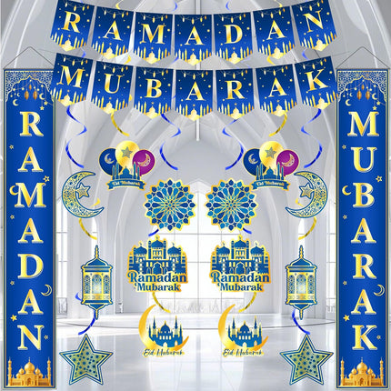 Ramadan Mubarak Decorations Set - Eid Mubarak Banner & Hanging Swirls for Home