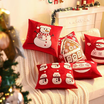 Christmas Red Pillow Covers 2PCS – 18x18 Velvet Snowman Holiday Cushion Cases