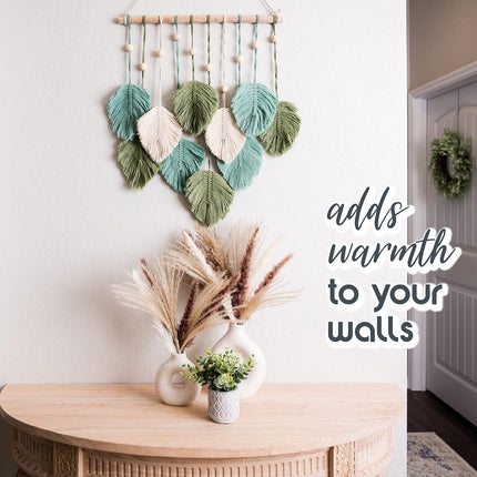 Macrame Wall Hanging Leaves, Large Boho Feather Tapestry, Green Sage Beige Decor