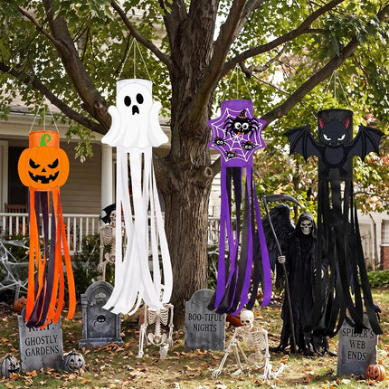 4-Piece Halloween Windsocks, Ghost Pumpkin Spider Bat Hanging Porch & Yard Decor