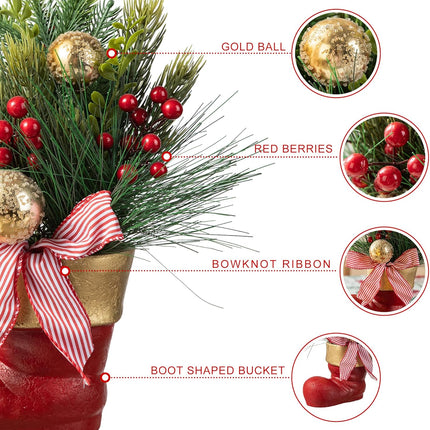 Mini Christmas Tree Decoration Red Boot Base Pine Needle & Berry Ornaments Xmas Table Decor