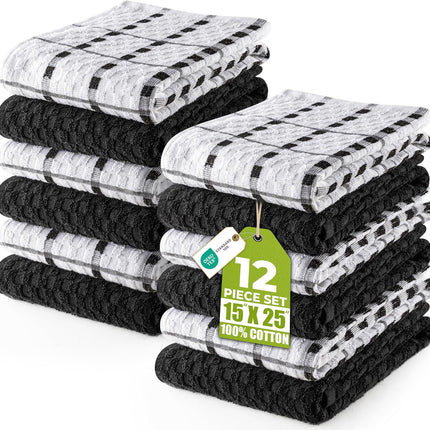12 Pack Black Kitchen Towels 100% Ring Spun Cotton Soft Absorbent 15x25