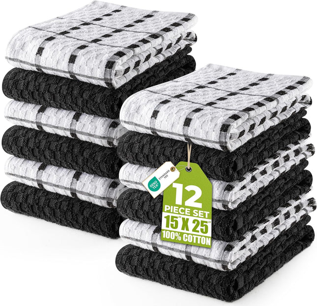 12 Pack Black Kitchen Towels 100% Ring Spun Cotton Soft Absorbent 15x25