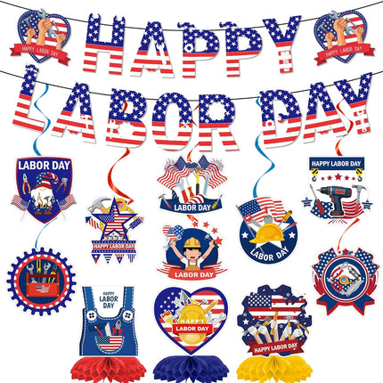 13 Pcs Patriotic Labor Day Party Decorations Banner Swirls Honeycomb Set