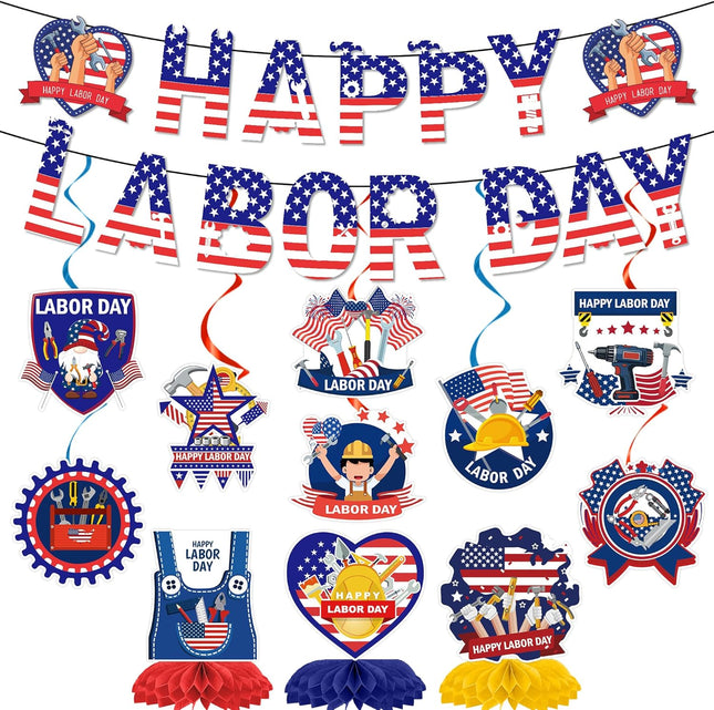 13 Pcs Patriotic Labor Day Party Decorations Banner Swirls Honeycomb Set