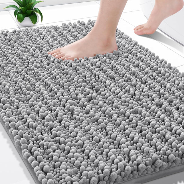 Gray Bathroom Rug – Soft Shaggy Chenille, Absorbent, Non-Slip 24x17