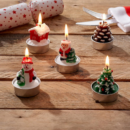 Christmas Tea Light Candles, Mini Unscented Set of 5 with Xmas Tree, Santa, Snowman, Pinecone Designs