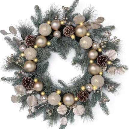20" Christmas Wreath with Lights Pre-Lit Door Wreath, White Gold Holiday Decor