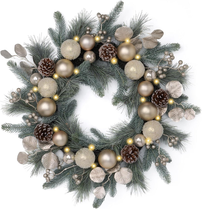 20" Christmas Wreath with Lights Pre-Lit Door Wreath, White Gold Holiday Decor