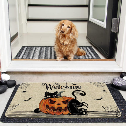 Halloween Door Mat 17x29in, Cat Pumpkin Welcome Rug for Front Door Outdoor Decor