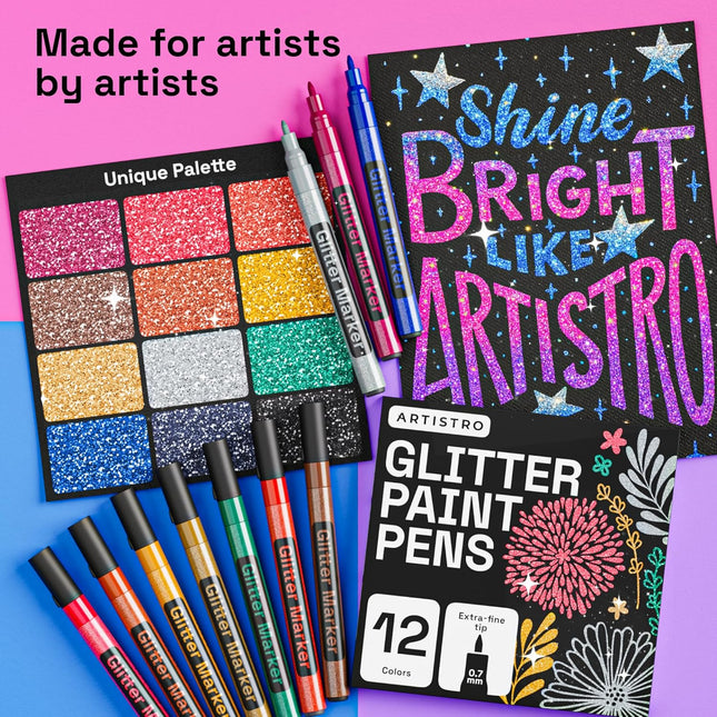 12 PCS Glitter Paint Markers for Ceramic Wood Fabric DIY Craft Extra Fine Tip