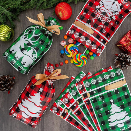 30pcs Christmas Treat Bags – Red & Green Plaid Drawstring Gift Bags