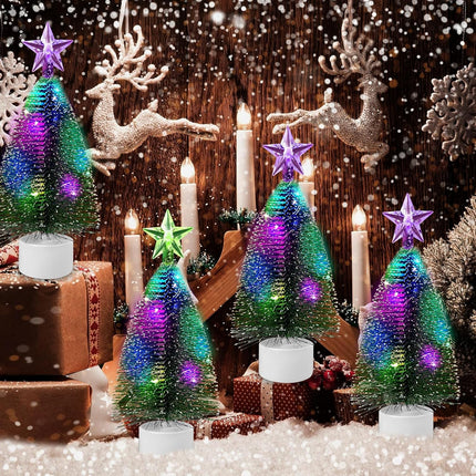 4-Piece Mini Christmas Tree Set with Lights – 7-Inch Multi-Color Artificial Tabletop Pine Trees