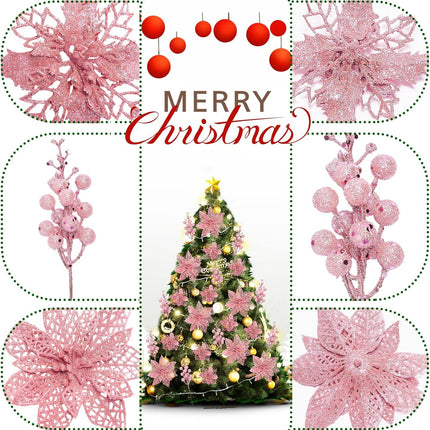 22-Piece Christmas Flower Kit – Artificial Poinsettias & Glitter Berries with Tree Ornaments