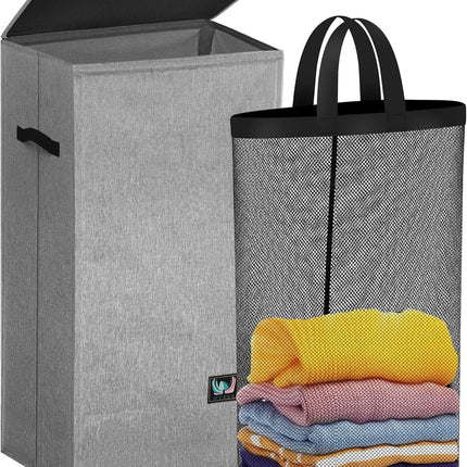 100L Laundry Hamper with Lid, Collapsible Clothes Basket, Removable Liner, Grey
