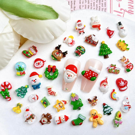 100PCS Christmas Nail Charms – 3D Resin Santa, Snowflake & Tree Designs