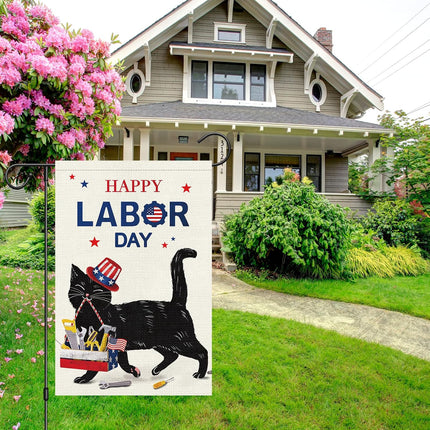 Happy Labor Day Black Cat Garden Flag 12x18 Double Sided Burlap Flag Only