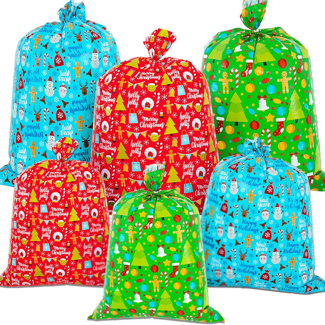 6-Pack Large Christmas Gift Bags – Jumbo Xmas Presents Bags 49x35.5 & 36.5x34.5 with Hang Tags