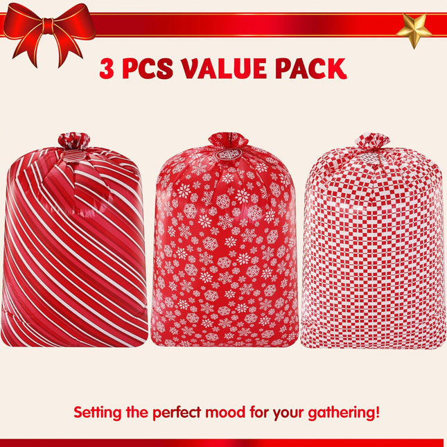 3 Large Red Christmas Plastic Gift Bags – 56”x36” with Gift Tags for Xmas Parties and Giving