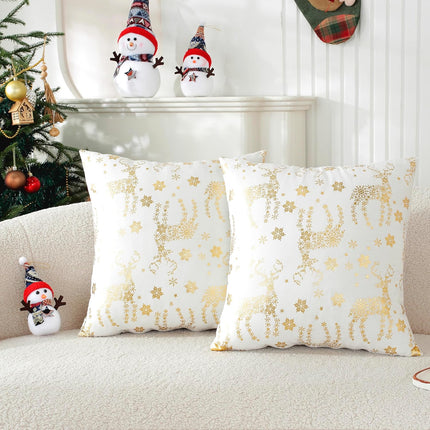 2PCS Holiday Decorative Pillow Covers – Gold Velvet Snowflake & Deer Cushion Case
